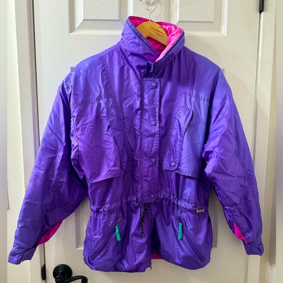 VINTAGE 80s Rare EDELWEISS Retro Puffer Ski Snow Jacket - Purple & Pink Medium - Picture 1 of 14